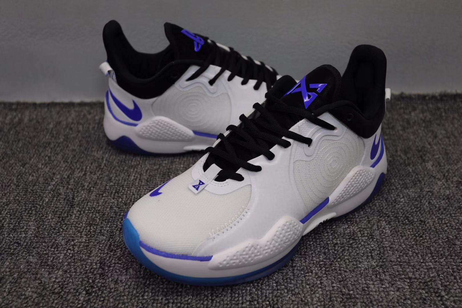 2021 Nike Paul George 5 White Black Blue Basketball Shoes - Click Image to Close